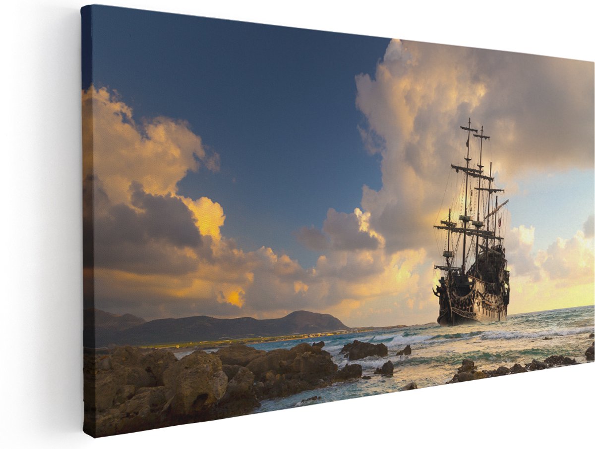 Artaza Canvas Schilderij Piratenschip aan de Kust bij Zonsondergang - 160x80 cm - Groot - Wanddecoratie Woonkamer - Schilderijen - Muurdecoratie