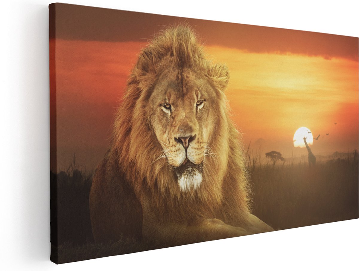 Artaza Canvas Schilderij Leeuw In De Savanne - Zonsondergang - 160x80 cm - Groot - Wanddecoratie Woonkamer - Schilderijen - Muurdecoratie