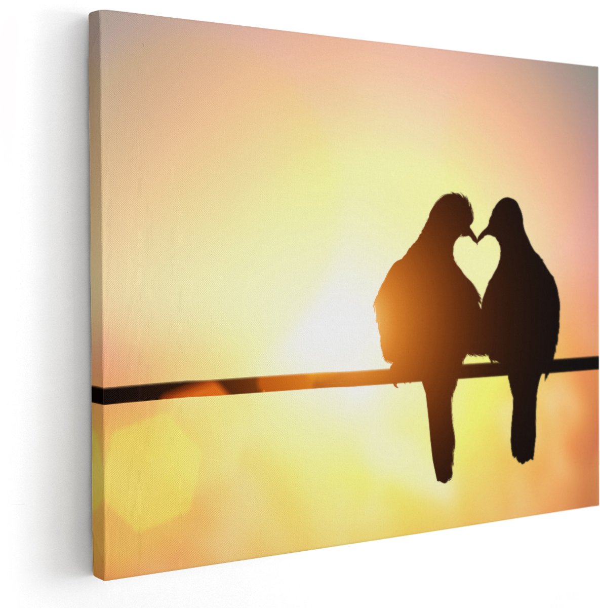 Artaza Canvas Schilderij Twee Silhouet Vogels In Een Hart Vorm - 150x120 cm - Groot - Wanddecoratie Woonkamer - Schilderijen - Muurdecoratie