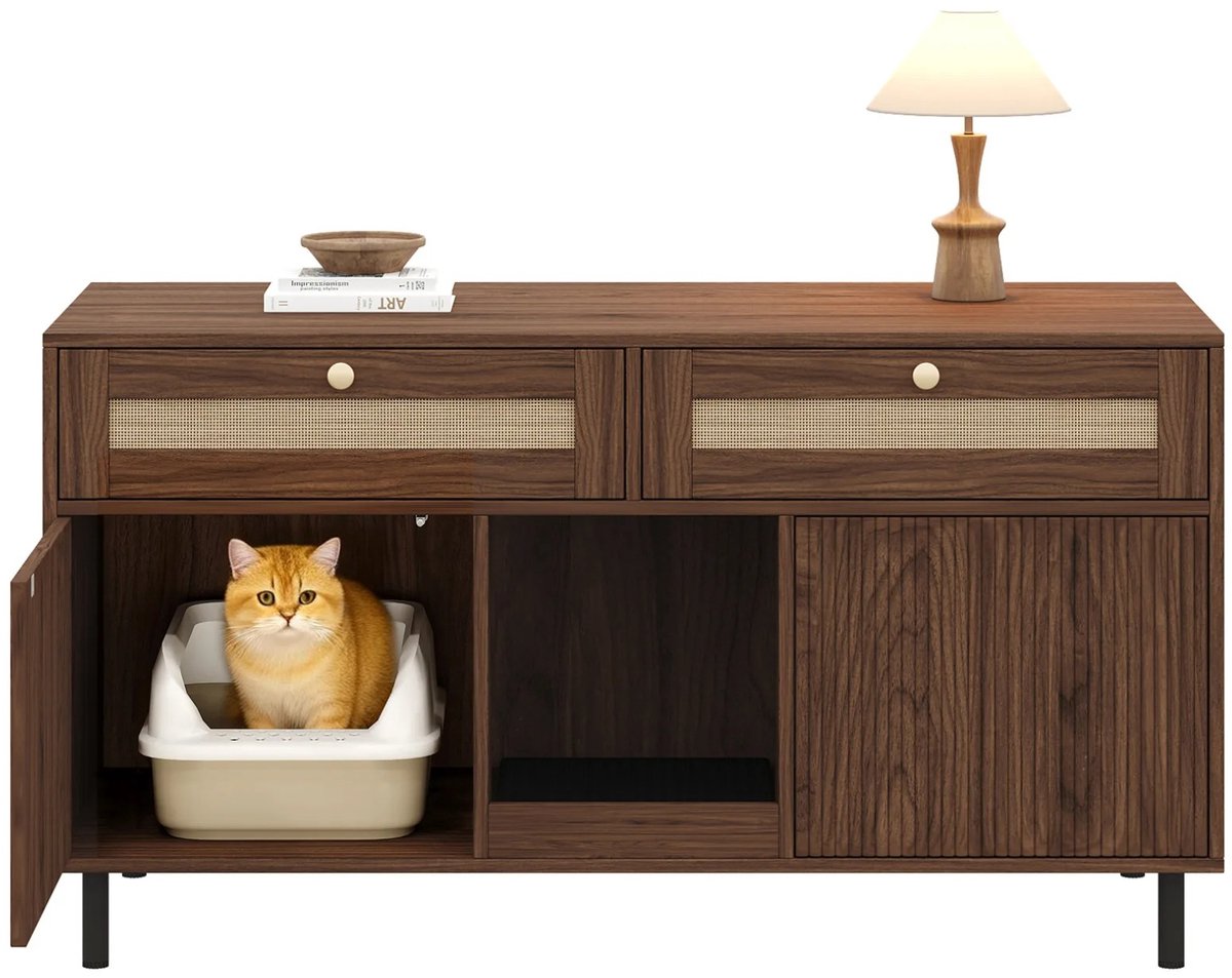 Emvae Kattenbak kast - Verborgen Kattenbakmeubel - Voor 2 Kattenbakken - Met Schuifdeuren - Met Zandopvangmat en Opberglade - 120 x 50 x 65 cm - MDF - Walnoot