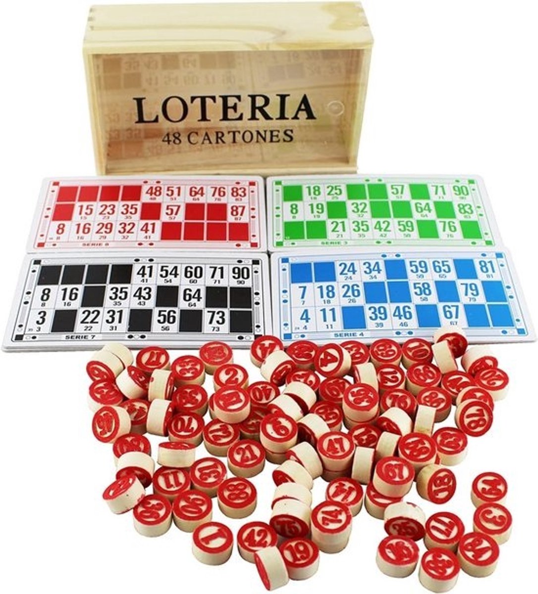 Klassiek Bingo Speelset met 48 Kaarten en 90 Genummerde Stenen inclusief Houten Opbergkist
