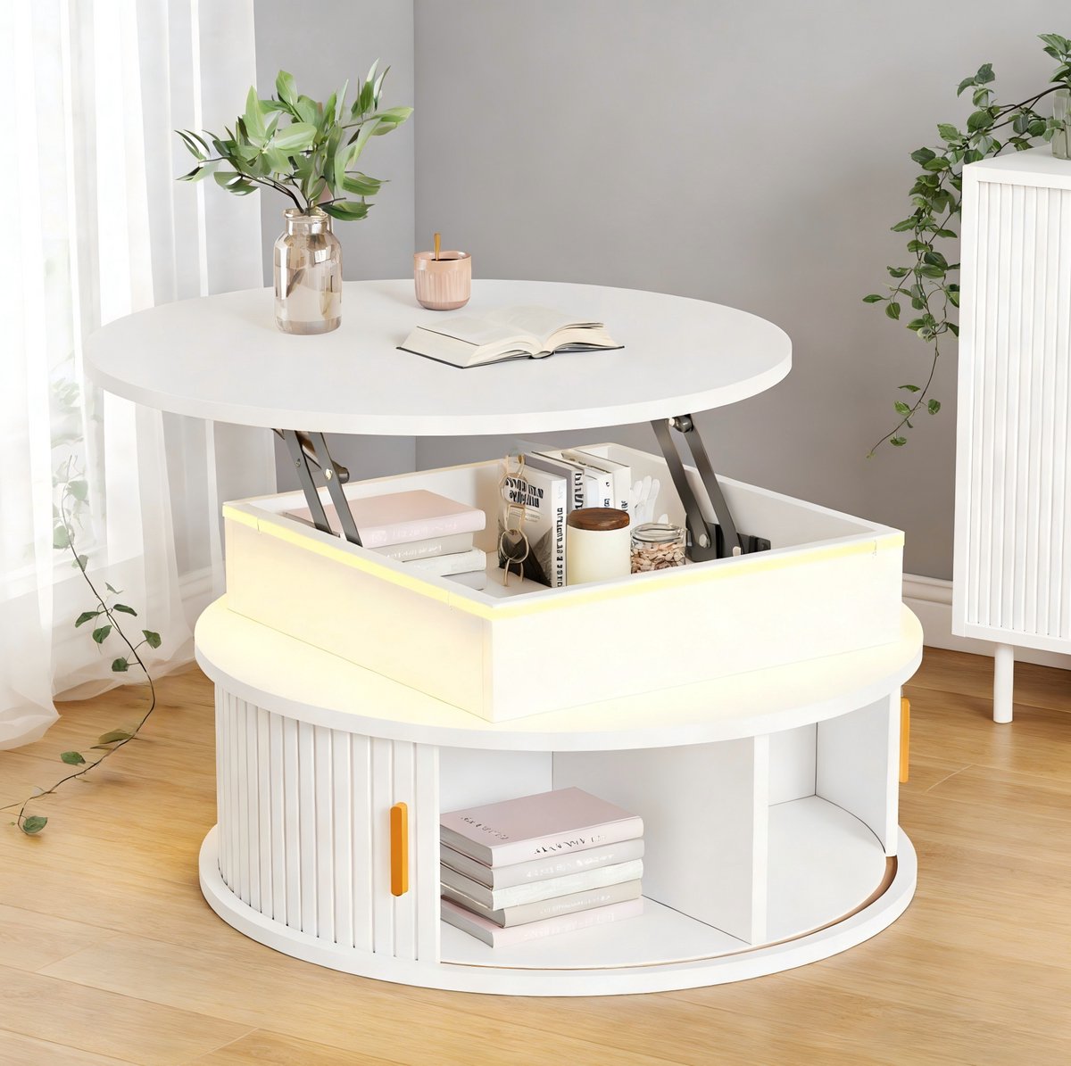 REDOM - Salontafel - Hoogteverstelbaar - LED-verlichting - Hoogglans tafelblad - Modern - Woonkamer - MDF - 75 cm - 75 x 75 x 52 cm