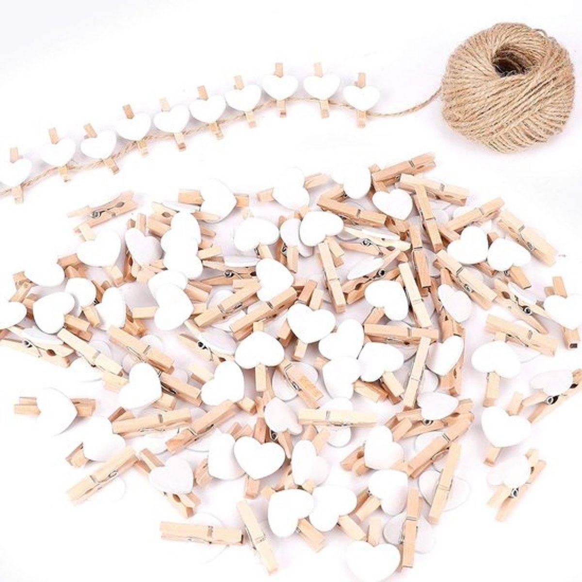 100 Houten Hartvormige Fotoklemmetjes met 30m Touw voor Kaarten, Decoratie en Knutselen