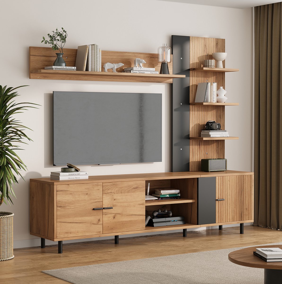 REDOM TV meubel - 3 kasten en open vakken - veel opbergruimte - moderne stijl - woonkamer - spaanplaat - Hout en Zwart - 187,5 x 40 x 167 cm