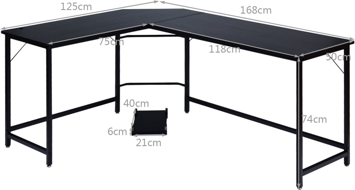 SureDeal® - Bureau - Vorm Computerbureau Hoekbureau - Natuurlijk - Koffie - .x168x125 cm - Zwart