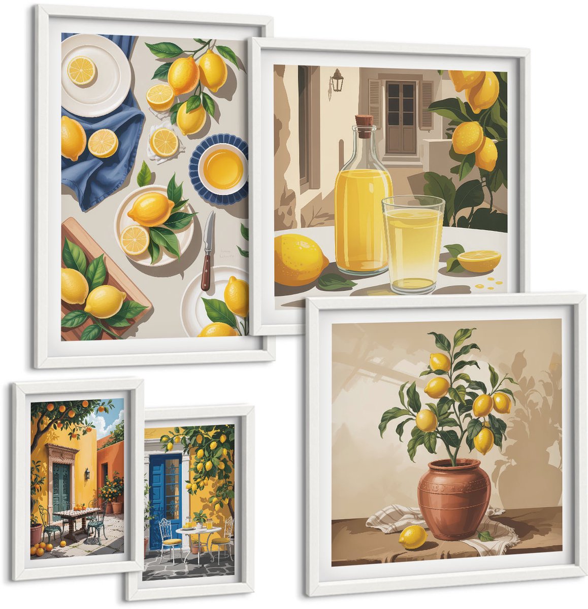 Wallfluent 5-Delige Schilderij Set - Citroeninspiratie In Mediterrane Stijl - 50 x 50 cm, 20 x 30 cm En 40 x 60 cm - Decoratieve Schilderijen - Wanddecoratie - Hal - Woonkamer Decoratie