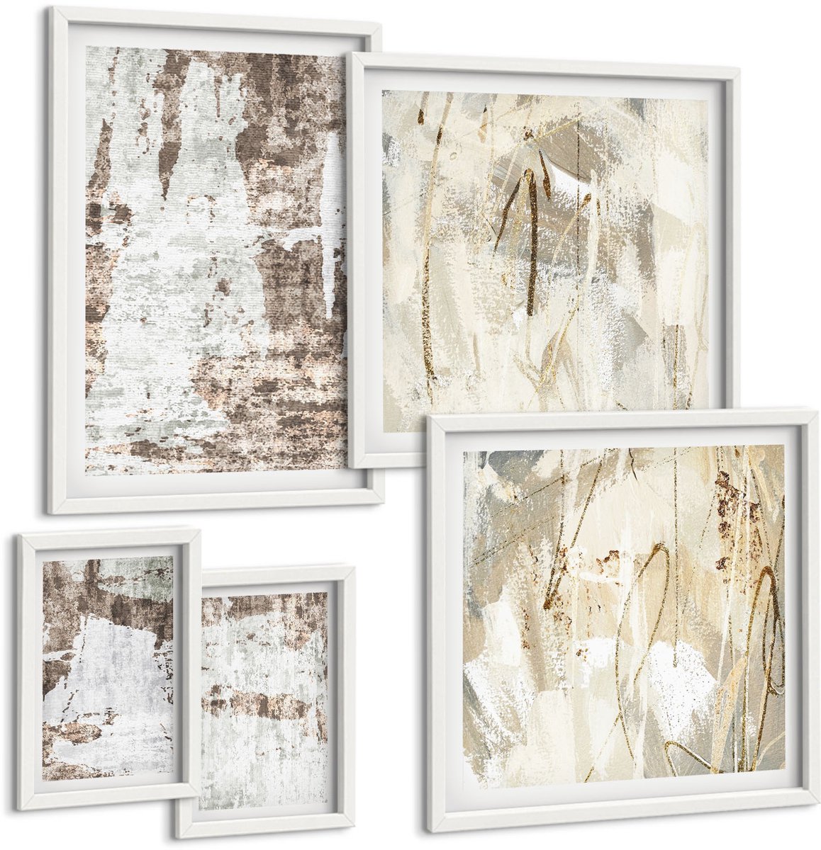 Wallfluent 5-Delige Schilderij Set - Abstracte Composities In Neutrale En Natuurlijke Tinten - 50 x 50 cm, 20 x 30 cm En 40 x 60 cm - Decoratieve Schilderijen - Wanddecoratie - Hal
