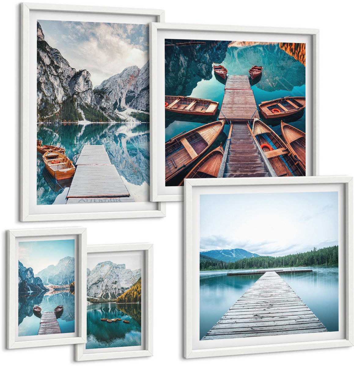 Wallfluent 5-Delige Schilderij Set - Berglandschappen Met Waterpaden En Boten - 50 x 50 cm, 20 x 30 cm En 40 x 60 cm - Muurdecoratie - Wanddecoratie - Hal - Moderne Wanddecoratie