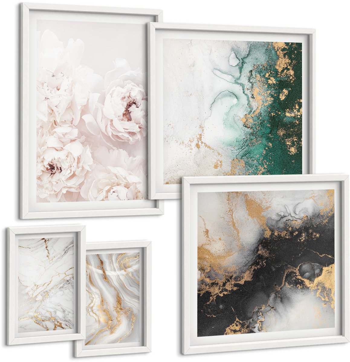 Wallfluent 5-Delige Schilderij Set - Bloemaccenten En Abstracte Patronen In Een Elegante Stijl. - 50 x 50 cm, 20 x 30 cm En 40 x 60 cm - Wanddecoratie - Schilderijen Set - Interieur - Stijlvolle Muurdecoratie