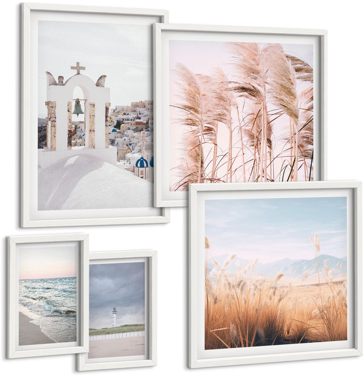 Wallfluent 5-Delige Schilderij Set - Stijlvolle Kustlandschappen Met Architectuur En Natuur - 50 x 50 cm, 20 x 30 cm En 40 x 60 cm - Moderne Wanddecoratie - Woonkamer - Woonkamer Decoratie