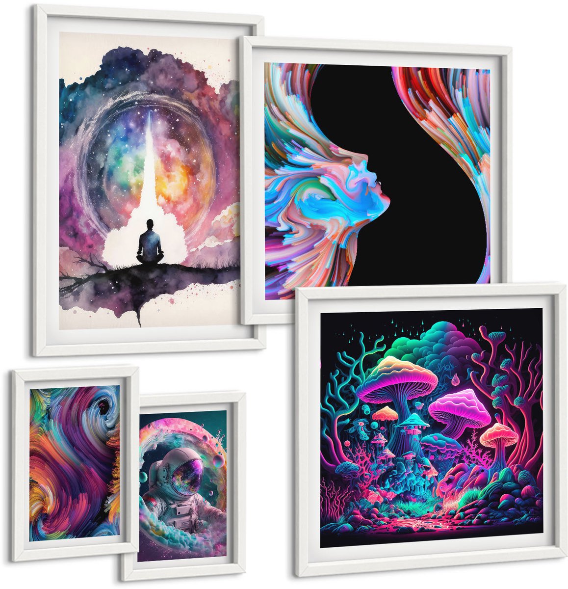 Wallfluent 5-Delige Schilderij Set - Kosmische Inspiraties In De Kleurrijke Esthetiek Van Het Surrealisme - 50 x 50 cm, 20 x 30 cm En 40 x 60 cm - Muurdecoratie - Schilderijen Set - Woonkamer - Woonkamer Decoratie