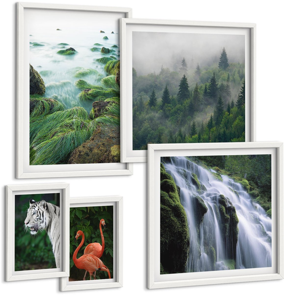 Wallfluent 5-Delige Schilderij Set - De Natuur In Haar Diverse Vormen, Met Wilde Dieren En Landschappen. - 50 x 50 cm, 20 x 30 cm En 40 x 60 cm - Decoratieve Schilderijen - Wanddecoratie - Hal