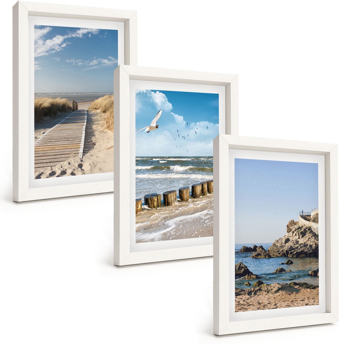 Wallfluent 3-Delige Schilderij Set - Strand Met Een Houten Pad, Zee En Kliffen Aan Zee. - 20 x 30 - Moderne Wanddecoratie - Slaapkamer