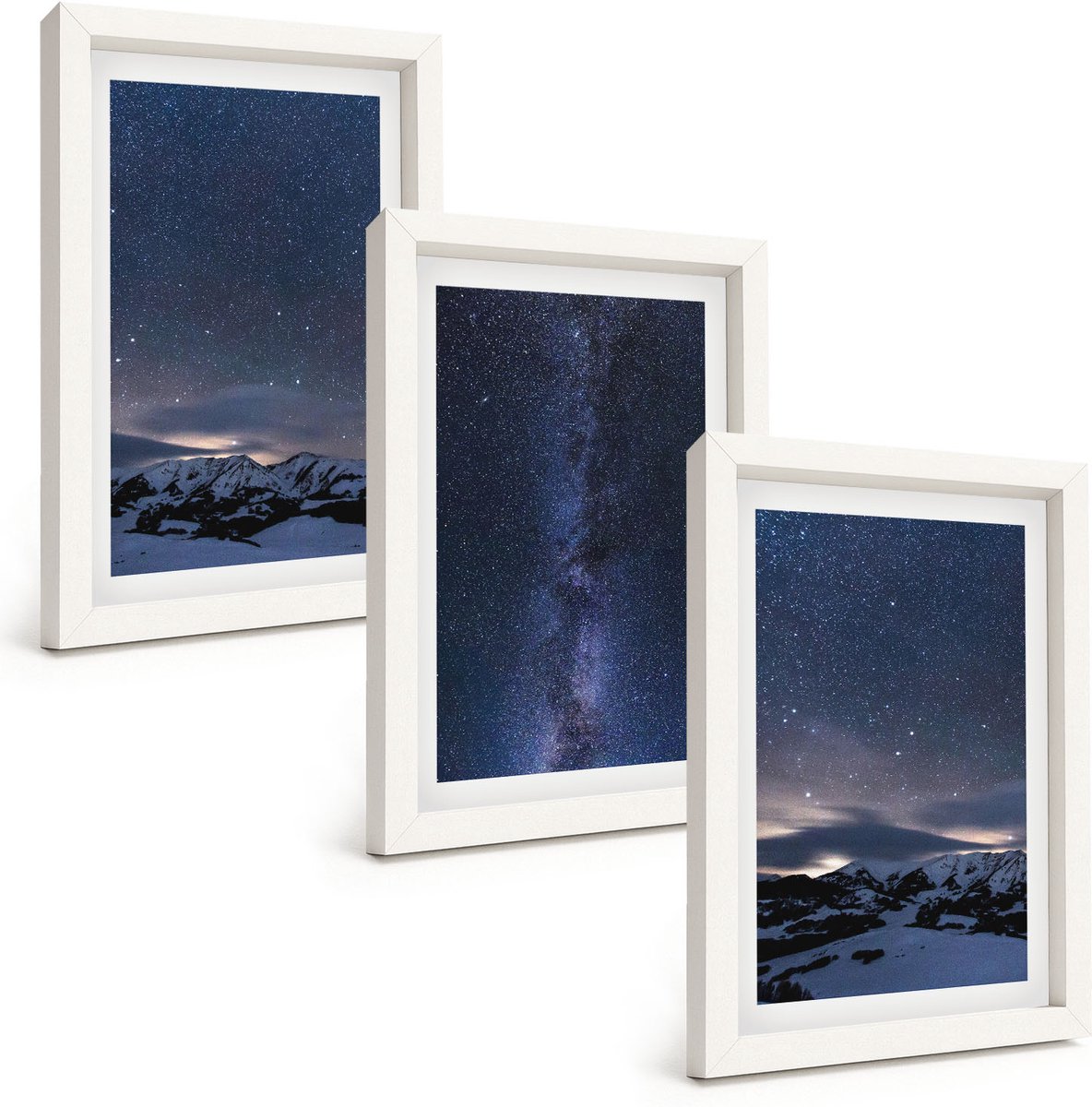 Wallfluent 3-Delige Schilderij Set - Nachtelijke Hemel Met Sterren En Berglandschap - 20 x 30 - Schilderijen Set - Wanddecoratie - Woonkamer - Decoratieve Schilderijen