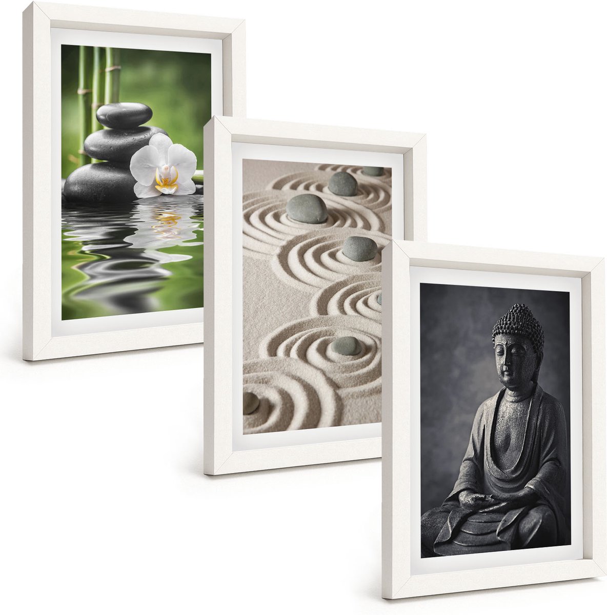 Wallfluent 3-Delige Schilderij Set - Ontspannend Uitzicht Op Boeddha, Strandstenen En Bamboe. - 20 x 30 - Wanddecoratie - Schilderijen Set - Interieur - Decoratieve Schilderijen