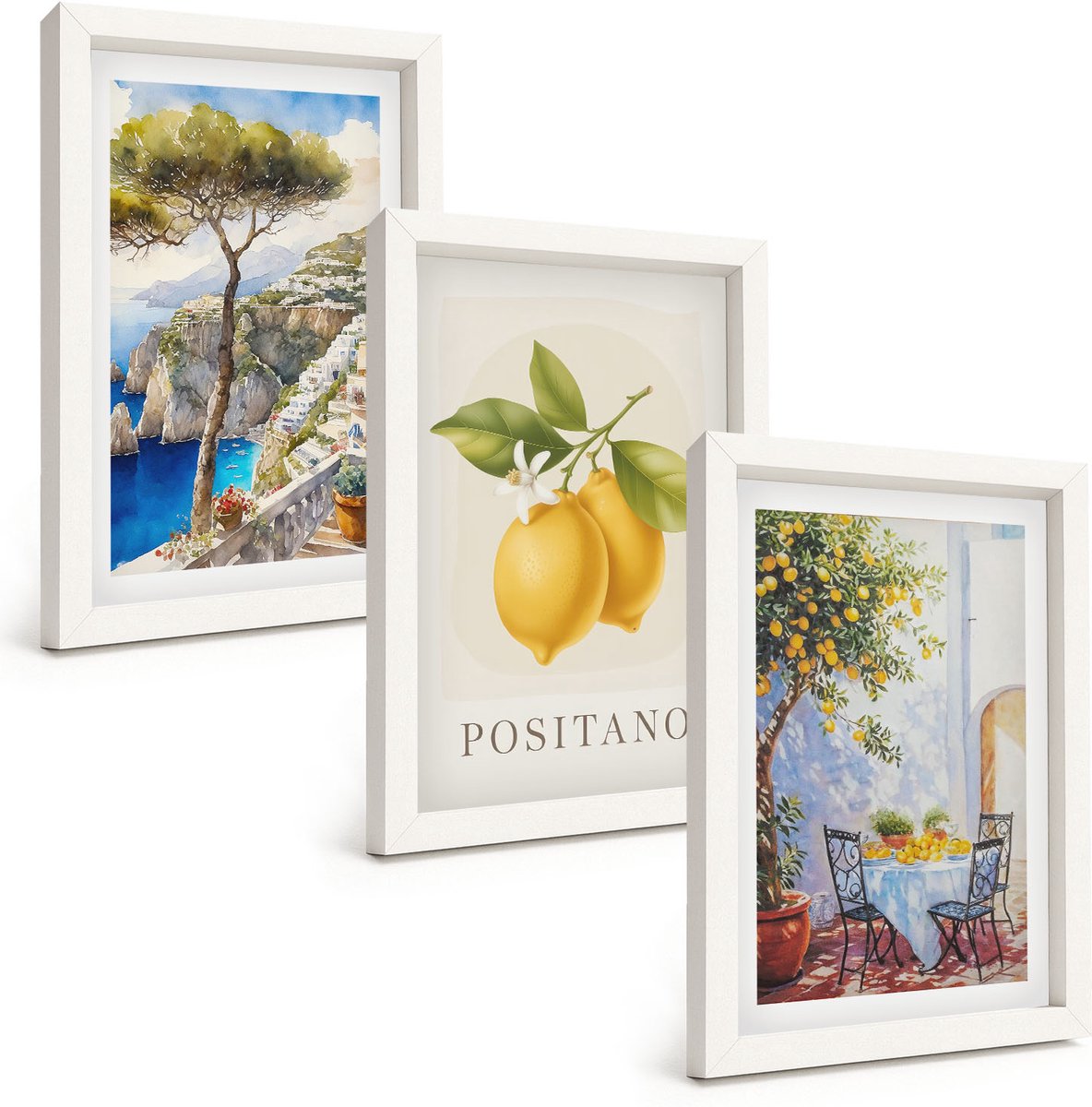 Wallfluent 3-Delige Schilderij Set - Uitzicht Op Positano Met Bomen En Citroenen In De Zon. - 20 x 30 - Stijlvolle Wanddecoratie - Interieur - Woonkamer Decoratie