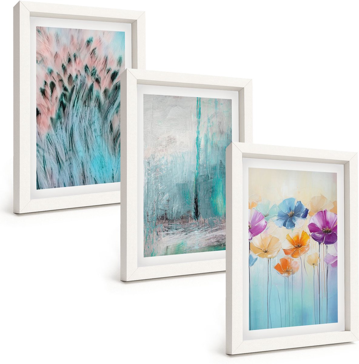 Wallfluent 3-Delige Schilderij Set - Bloemen Op Een Achtergrond Van Pastelkleuren En Delicate Patronen. - 20 x 30 - Decoratieve Muurdecoratie - Slaapkamer - Wanddecoratie