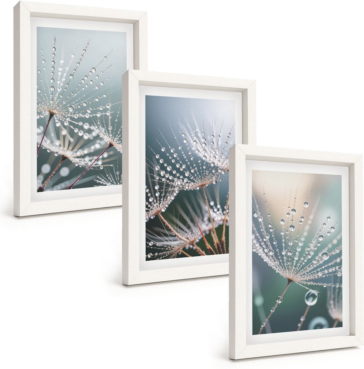Wallfluent 3-Delige Schilderij Set - Waterdruppels Op De Tere Scheuten Van Paardenbloemen - 20 x 30 - Stijlvolle Muurdecoratie - Slaapkamer - Interieur Decoratie