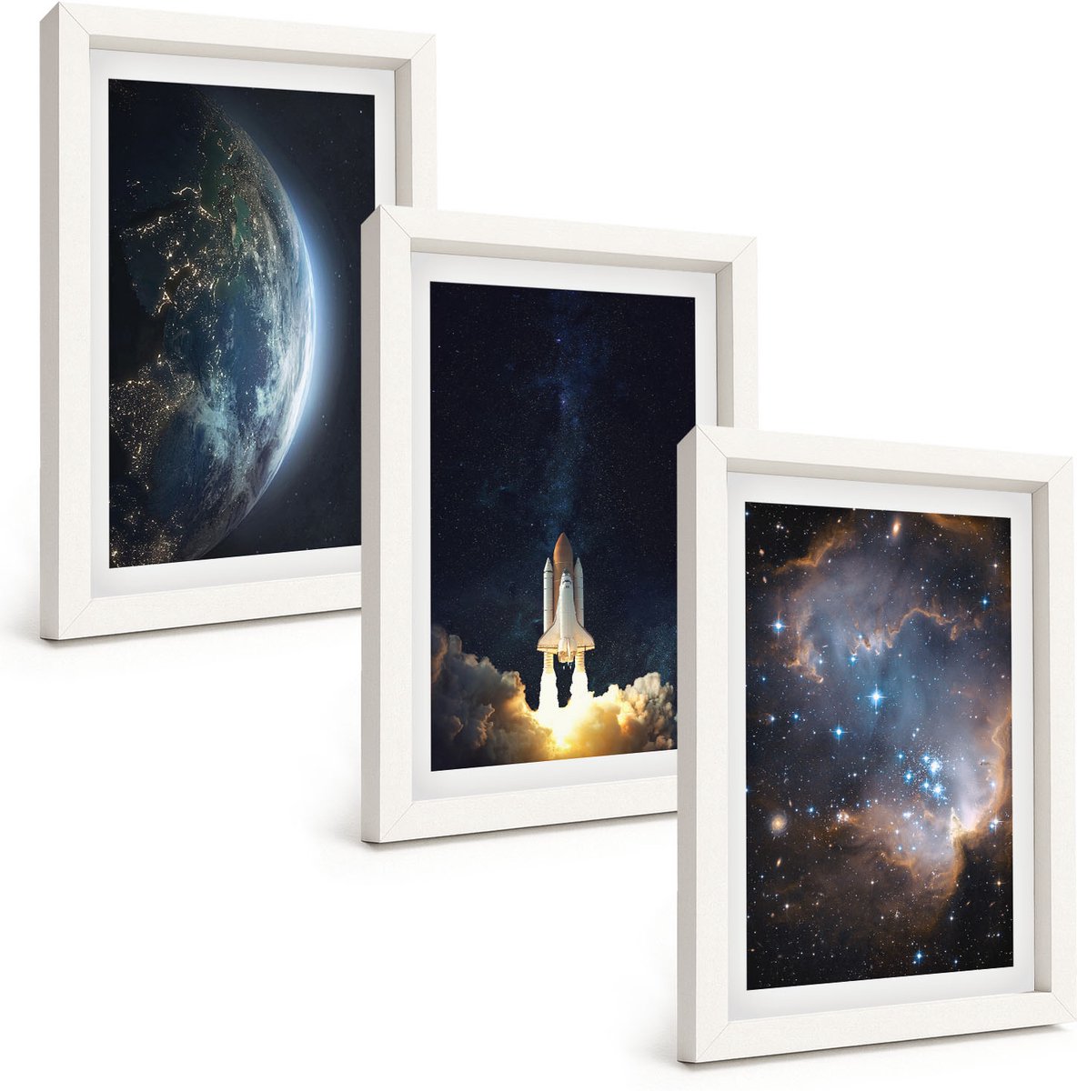 Wallfluent 3-Delige Schilderij Set - Ruimte Aarde Raket Melkweg Hemel Sterren - 20 x 30 - Muurdecoratie - Decoratieve Schilderijen - Wohnzimmer - Interieur Decoratie