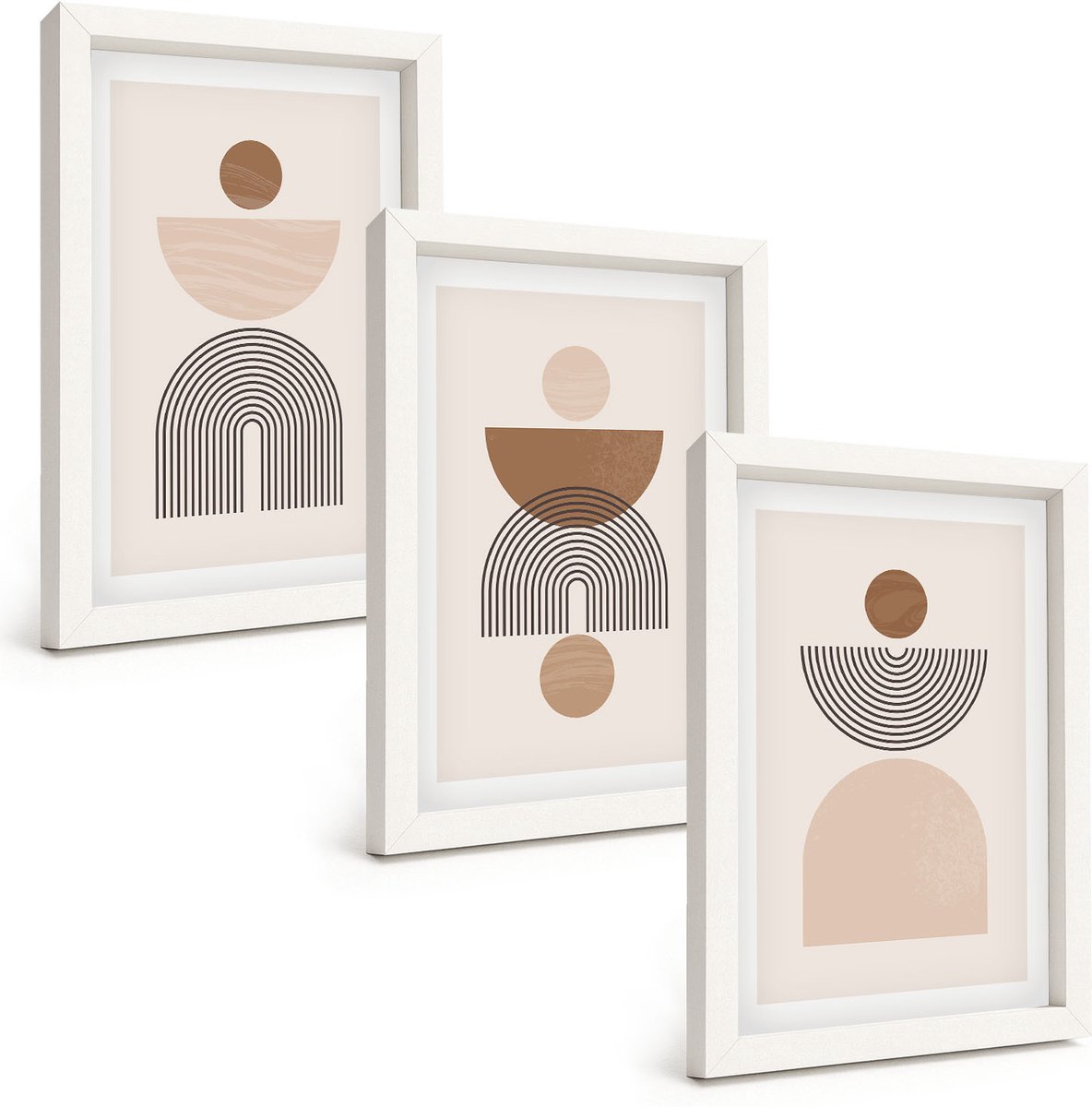 Wallfluent 3-Delige Schilderij Set - Abstracte Vormen In Bruine En Beige Tinten - 20 x 30 - Wanddecoratie - Woonkamer Decoratie