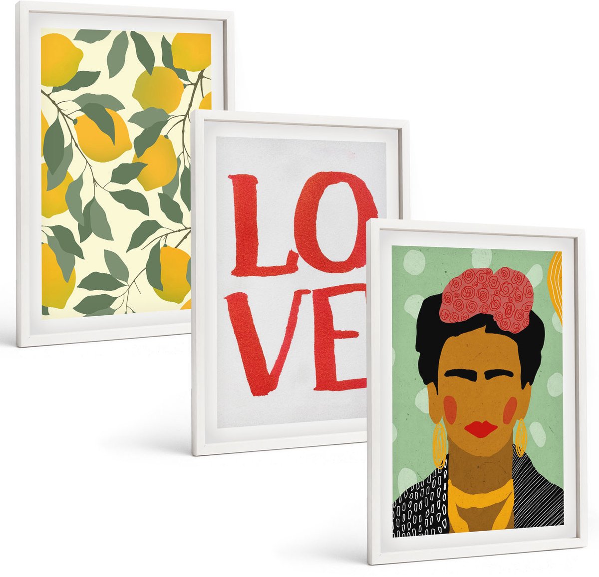 Wallfluent 3-Delige Schilderij Set - Citroenen Liefde Lettering Geschilderd Portret Van Frida Kahlo - 40 x 60 - Schilderijen Set - Wanddecoratie - Woonkamer - Moderne Wanddecoratie