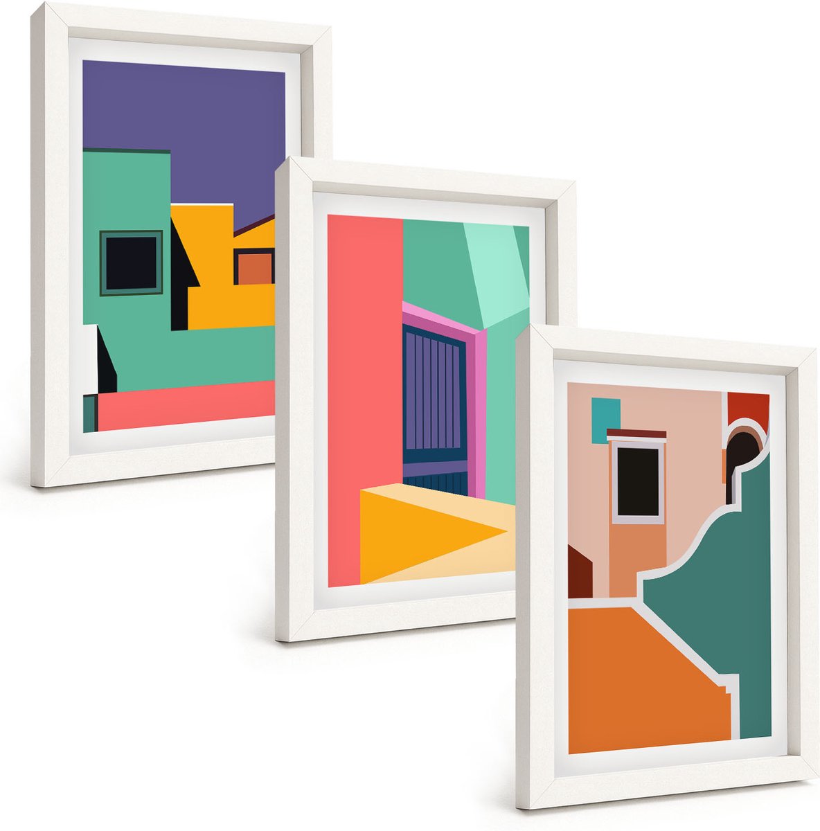 Wallfluent 3-Delige Schilderij Set - Kleurrijke Stadsgezichten In Een Moderne Stijl. - 20 x 30 - Decoratieve Muurdecoratie - Slaapkamer - Woonkamer Decoratie