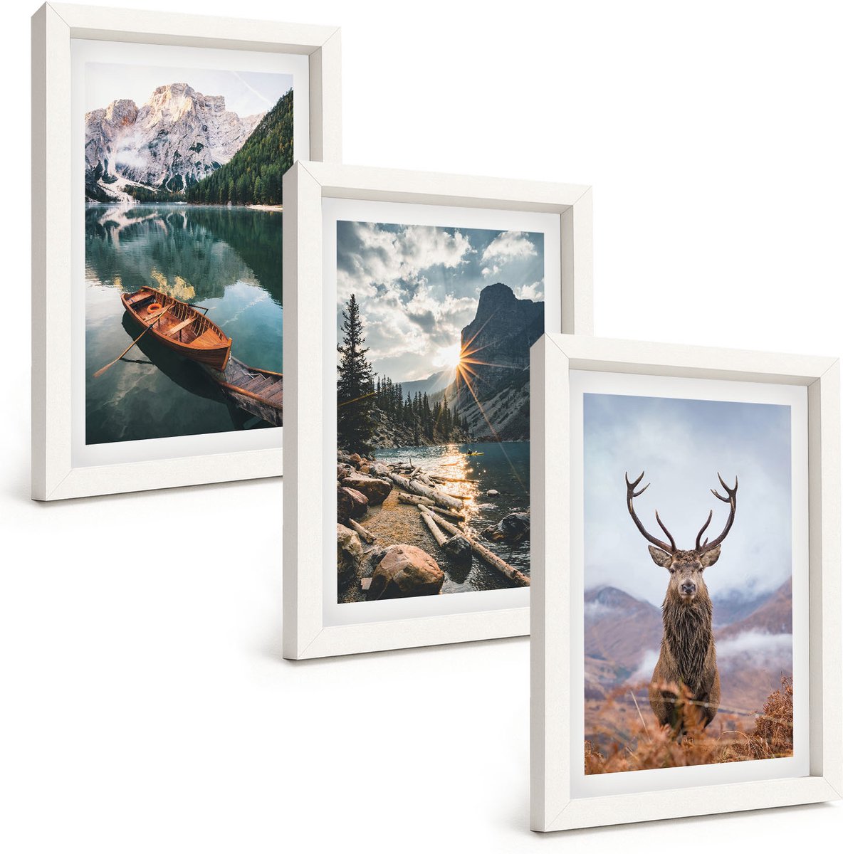 Wallfluent 3-Delige Schilderij Set - Bergmeer Lodz Zonsondergang Hert In De Natuur - 20 x 30 - Moderne Wanddecoratie - Woonkamer - Woonkamer Decoratie
