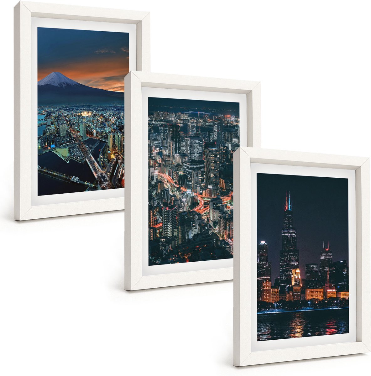 Wallfluent 3-Delige Schilderij Set - Uitzicht Op De Stad 'S Nachts Vanaf De Bergen Met Wolkenkrabbers - 20 x 30 - Decoratieve Schilderijen - Wanddecoratie - Hal - Muurdecoratie