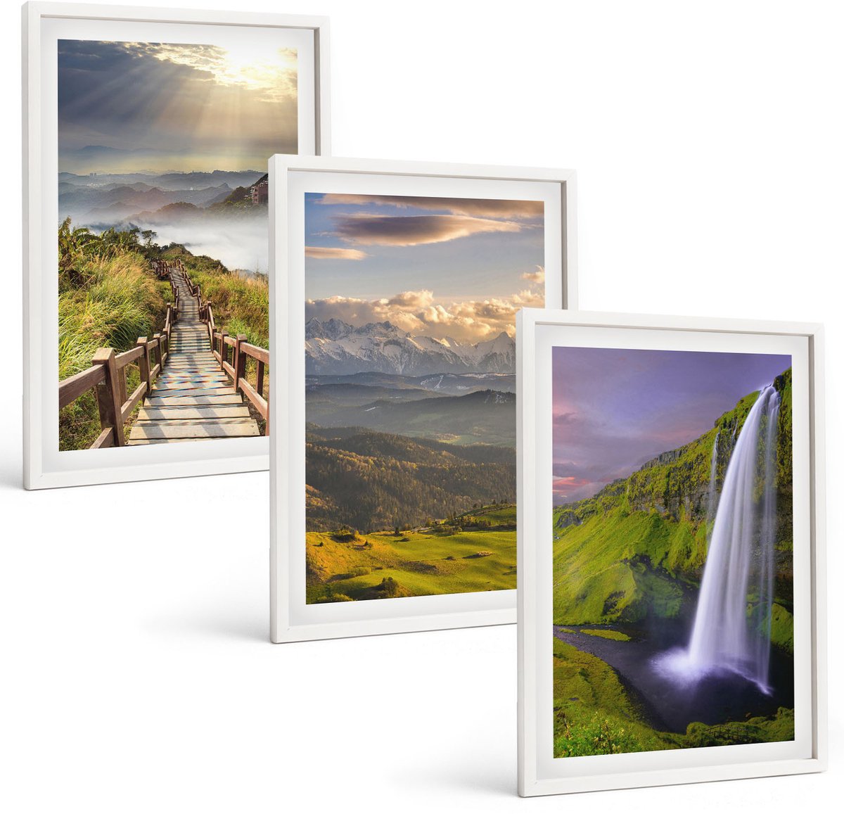 Wallfluent 3-Delige Schilderij Set - Schilderachtige Berglandschappen Met Een Waterval En Een Pad. - 40 x 60 - Stijlvolle Muurdecoratie - Kantoor - Interieur Decoratie