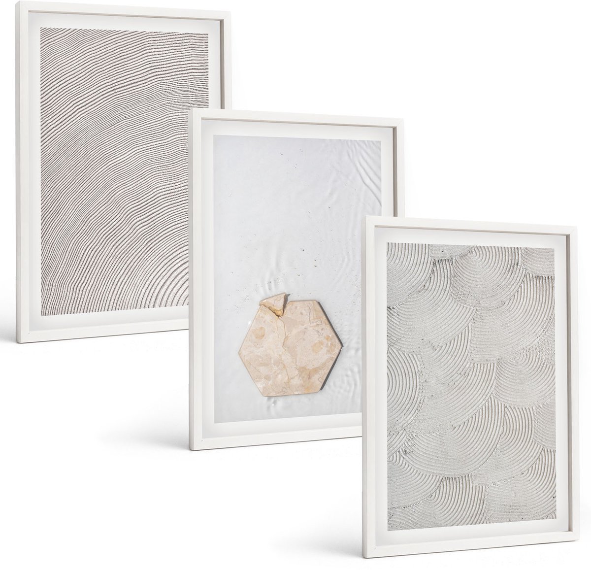 Wallfluent 3-Delige Schilderij Set - Lichte Texturen Op Zand In Boho-Stijl, Subtiel - 40 x 60 - Muurdecoratie - Interieur Decoratie - Decoratieve Schilderijen