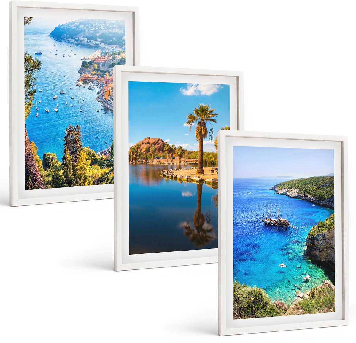 Wallfluent 3-Delige Schilderij Set - Uitzicht Op Zee Met Palmbomen En Blauw Water - 40 x 60 - Decoratieve Schilderijen - Woonkamer - Interieur - Wanddecoratie