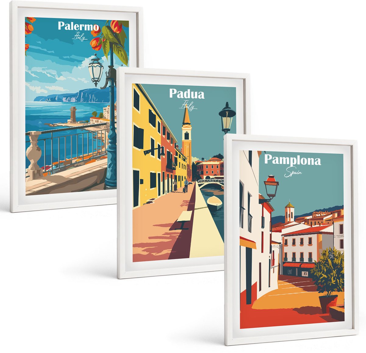 Wallfluent 3-Delige Schilderij Set - Populaire Steden In Retro Illustratieve Stijl - 40 x 60 - Schilderijen Set - Wanddecoratie - Woonkamer - Interieur Decoratie