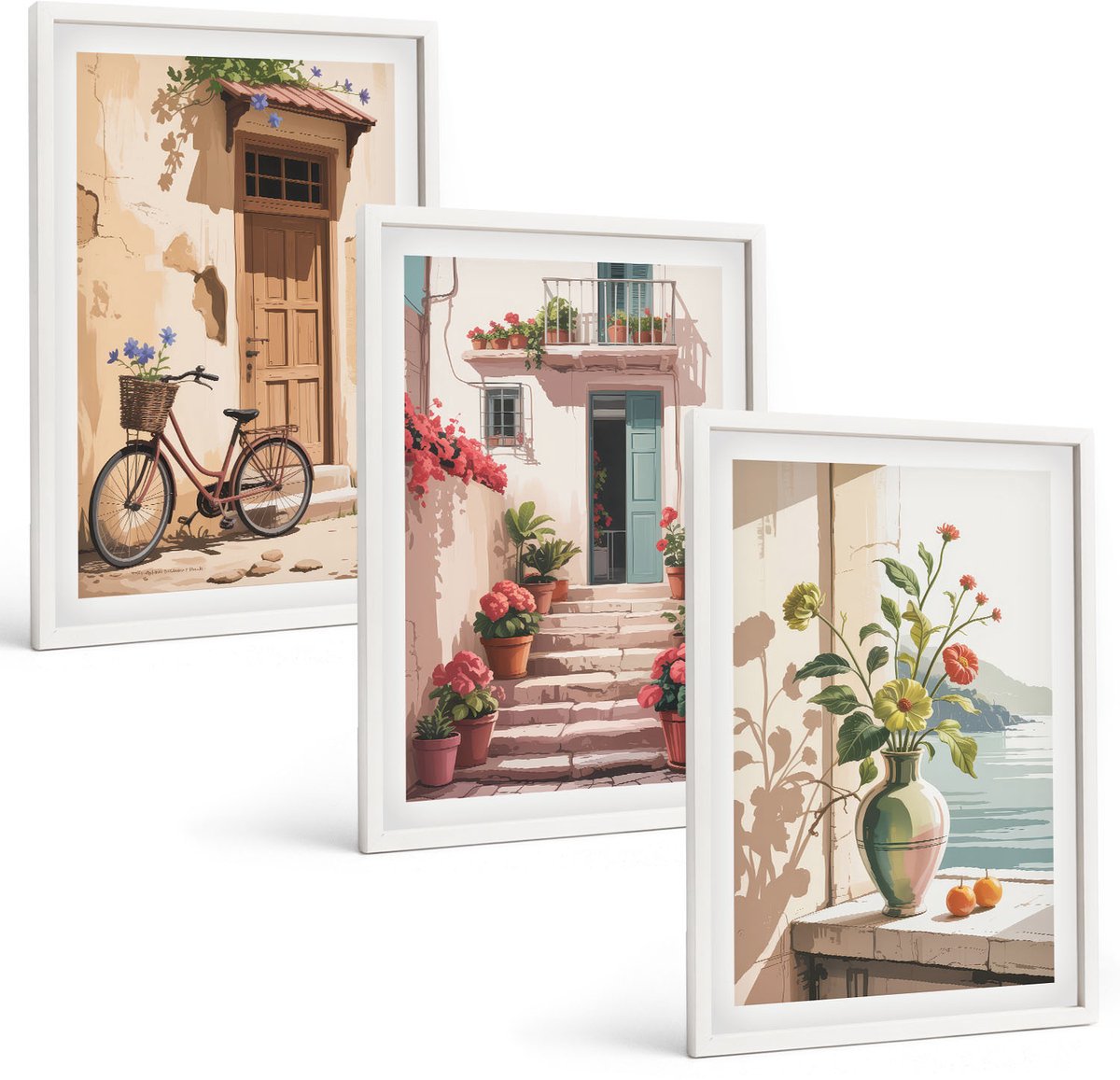Wallfluent 3-Delige Schilderij Set - Geschilderde Straten Met Bloemen En Een Fiets - 40 x 60 - Wanddecoratie - Muurdecoratie - Woonkamer