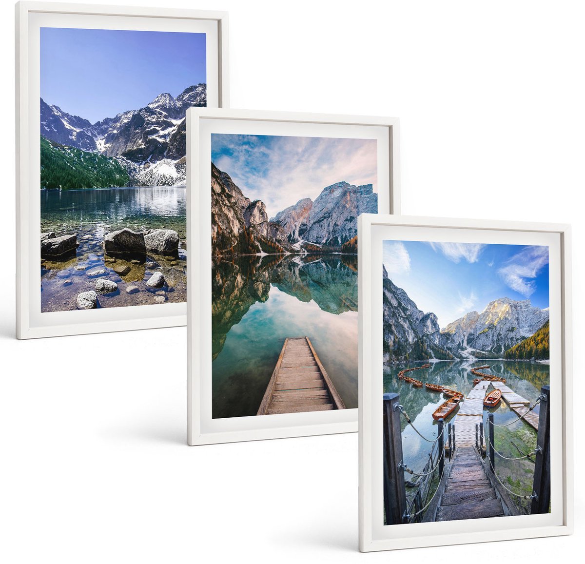 Wallfluent 3-Delige Schilderij Set - Bergen, Meren En Houten Bruggen Over Het Water. - 40 x 60 - Muurdecoratie - Schilderijen Set - Woonkamer - Decoratieve Schilderijen