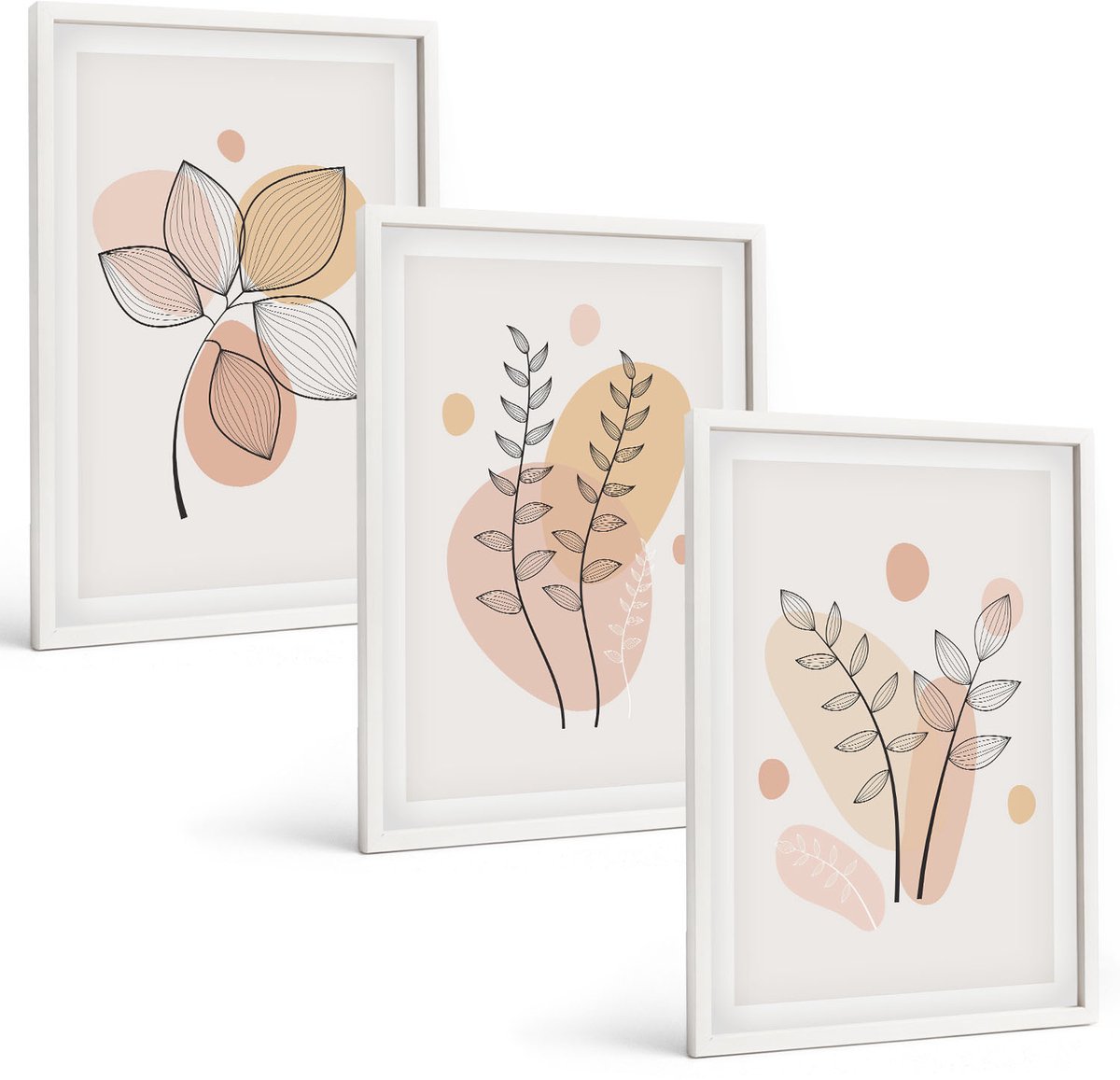Wallfluent 3-Delige Schilderij Set - Minimalistische Planttekeningen In Pastelkleuren - 40 x 60 - Schilderijen Set - Wanddecoratie - Woonkamer - Decoratieve Schilderijen