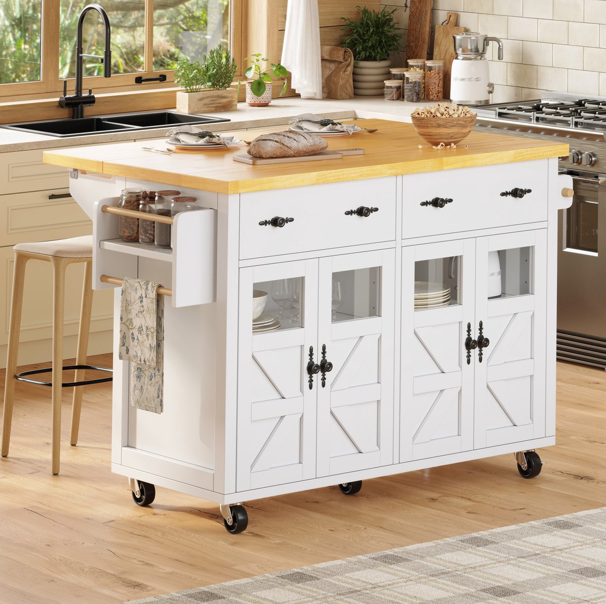 REDOM - Keuken eiland - Verstelbaar werkblad - Mobiel met remmen - Opbergruimte met glasdeuren en lade - Keukenkast - Wit - MDF - 140 x 73 x 93,5 cm