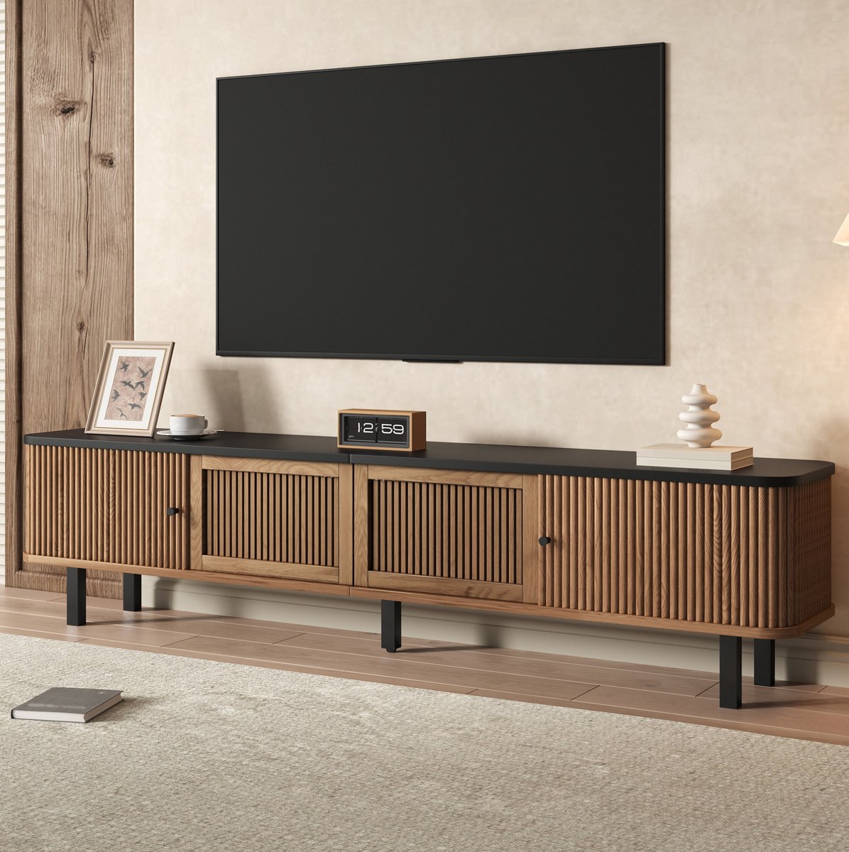 REDOM - TV meubel - Schuifdeuren en roosterdeuren - Gesloten opbergruimte - Modern design - Woonkamer, slaapkamer en entertainmentruimte - MDF en spaanplaat - Eiken - 190 x 35 x 45 cm