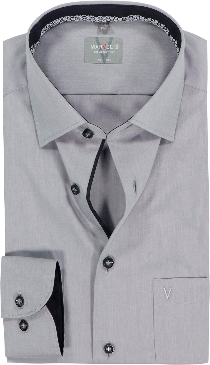 MARVELIS comfort fit overhemd - popeline - antracietgrijs - Strijkvrij - Boordmaat: 40 (EU maat: M)