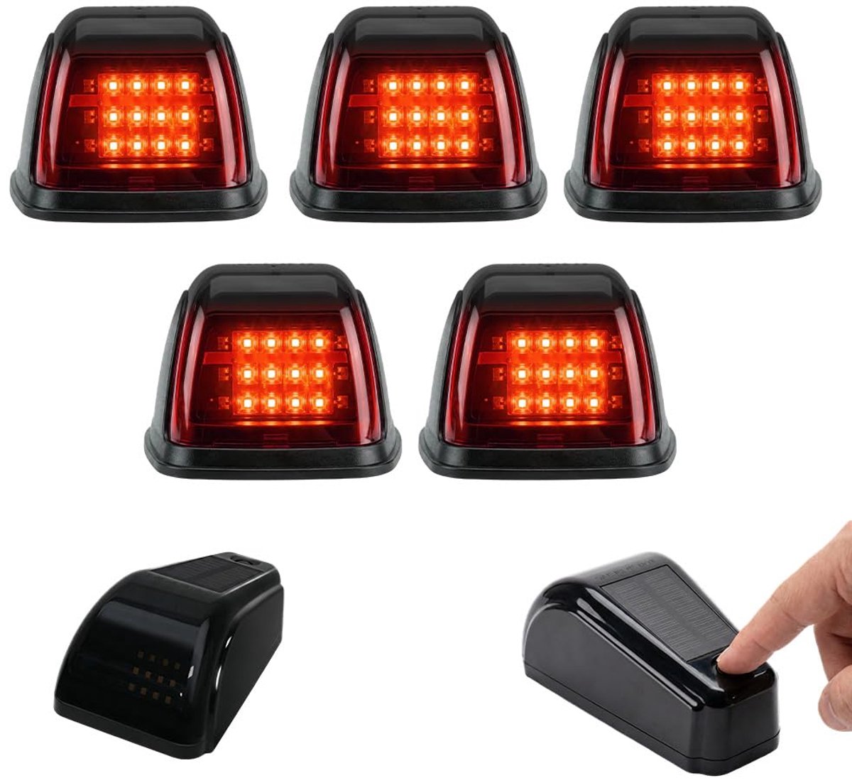 5-delige set op zonne-energie werkende cabineverlichting Geschikt voor vrachtwagens, draadloze, boorvrije LED-markeringslamp met trillingssensor, waterdichte hoofdruimteverlichting Geschikt voor opleggers en pick-up trucks (rood).