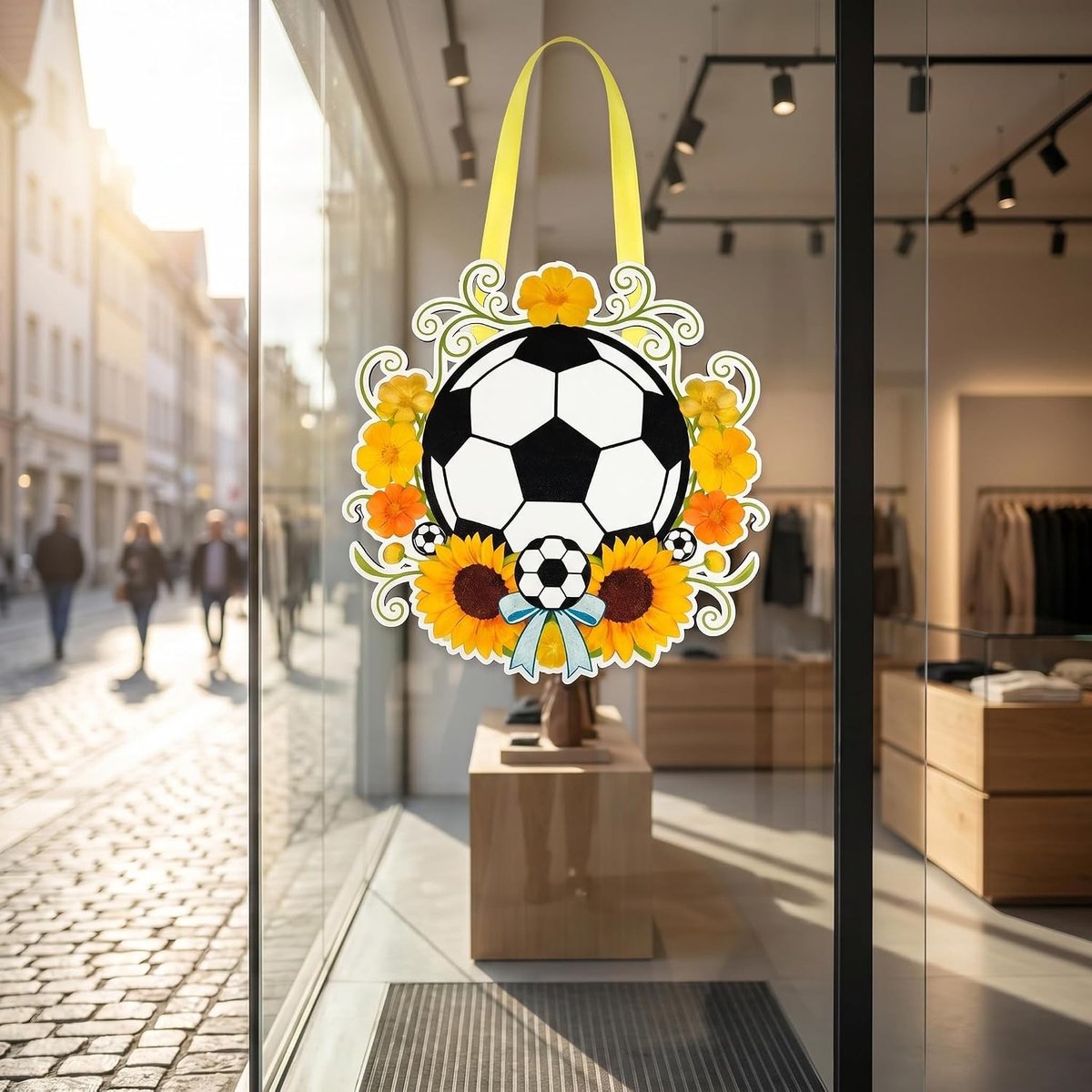 Voordeurhanger van hout met zonnebloem, rustieke muurdecoratie voor voetbalfans, perfect voor wereldkampioenschap en feestelijke vakantiedecoraties