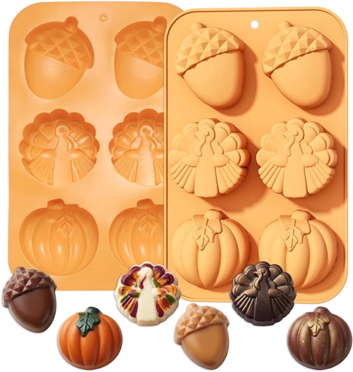 Siliconen bakvormen met herfstthema - Set van 2 - Bakvormen - Herfstthema - DIY-vormen - 3 vormen - Voedselveilig - Geschikt voor het maken van snoep, ijsblokjes, chocolade, taarten, decoraties, gelei, kaarsen en handgemaakte zeep - 27*17*3,5 cm-Geel