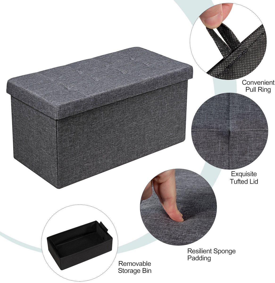 SureDeal® - Poef - Kruk - Opbergruimte Opklapbare Bank - Beklede zitting Zitkist - 80x40,5x40,5 cm - Grijs