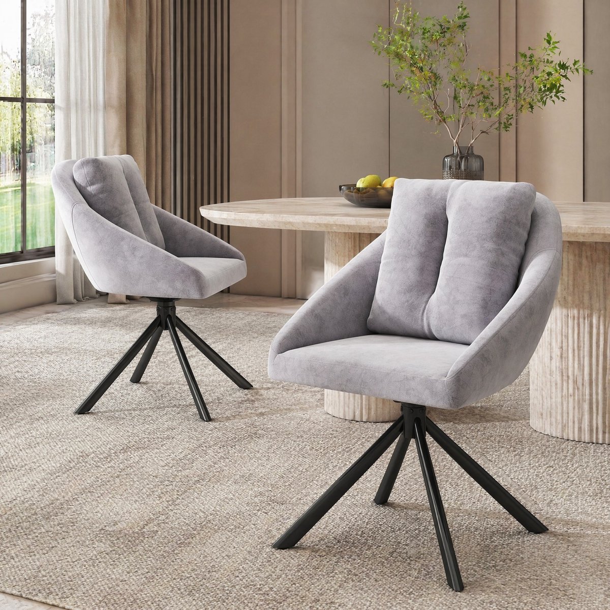 Wishdor Eetkamerstoel set van 2 - Draaibaar met armleuningen - Ergonomisch en modern - Eetkamer woonkamer - Velvet en metaal - Grijs - 59 x 65 x 79 cm