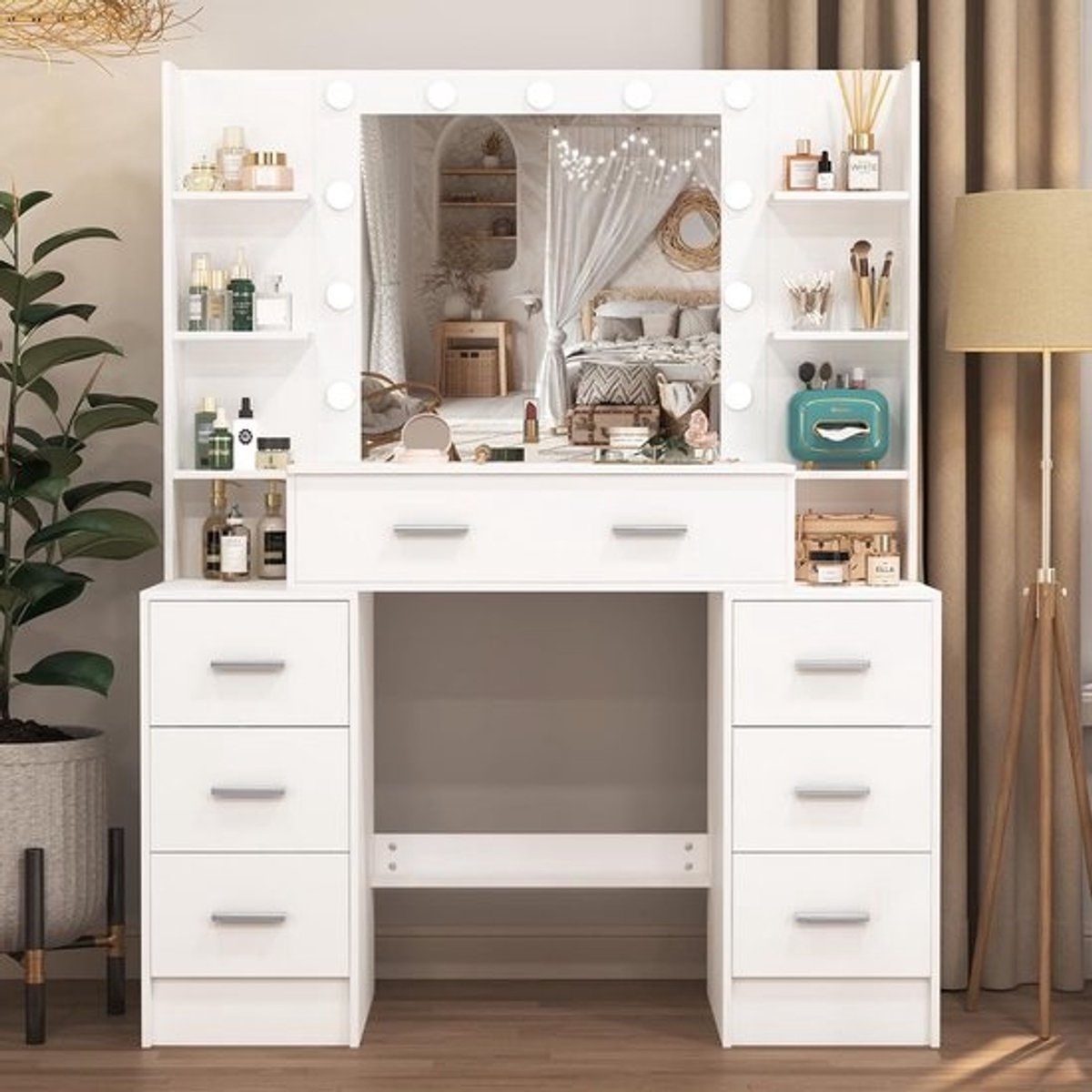 Kaptafel met Spiegel en Verlichting - Modern Design met Instelbare Helderheid en 7 Lades