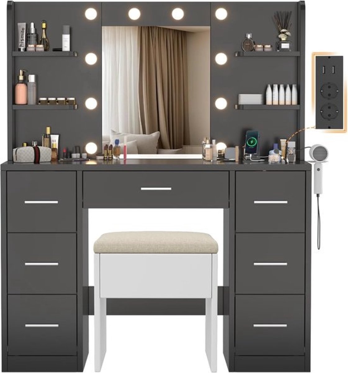 Kaptafel met Spiegel en Verlichting - Make up Tafel - Cosmeticatafel - Beautymeubel