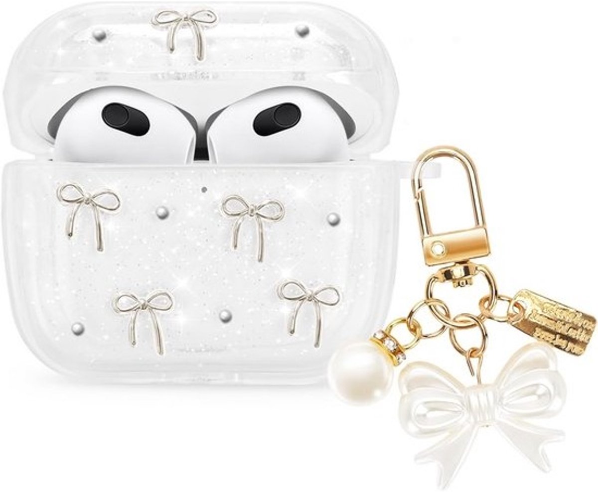 Beschermhoes voor Airpods 3 met schattige strik en glitterparels en sleutelhanger
