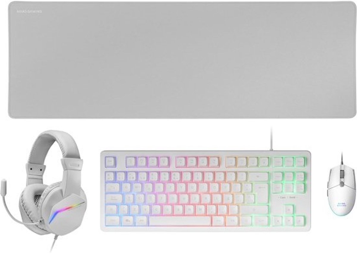 Gaming Toetsenbord en Muis Set Wit met XXL Muismat en Over-Ear Headset (QWERTY, Azerty, QWERTZ, Portugese Taal)
