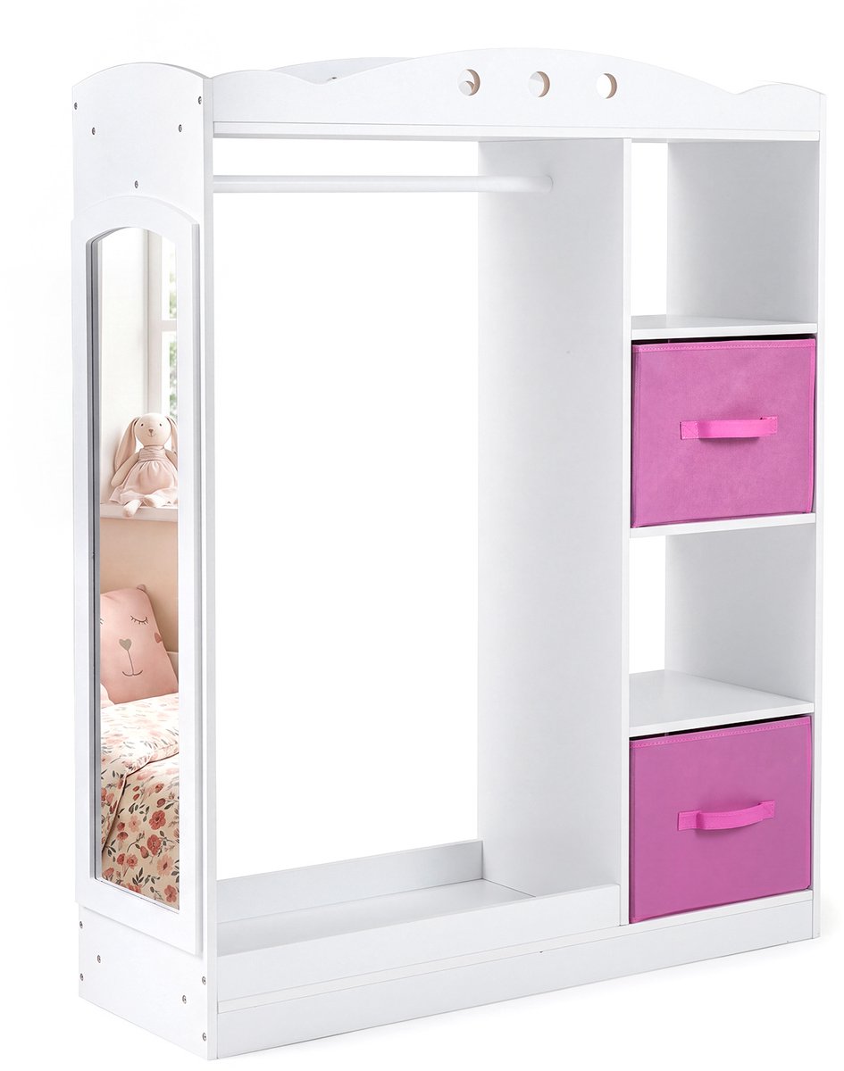 SureDeal® - Boekenkast - Kindergarderobe - Spiegel Kinder Kledingkast - Open Planken Kledingstang - 90x30x111,5 cm - Wit