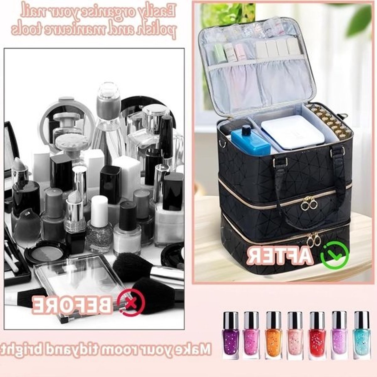 Nagellak Organizer Tas - Opbergkoffer Flesjes - Manicure Gereedschap - Verwijderbare Onderste Laag - Ruimte 84 Flesjes - Zwart