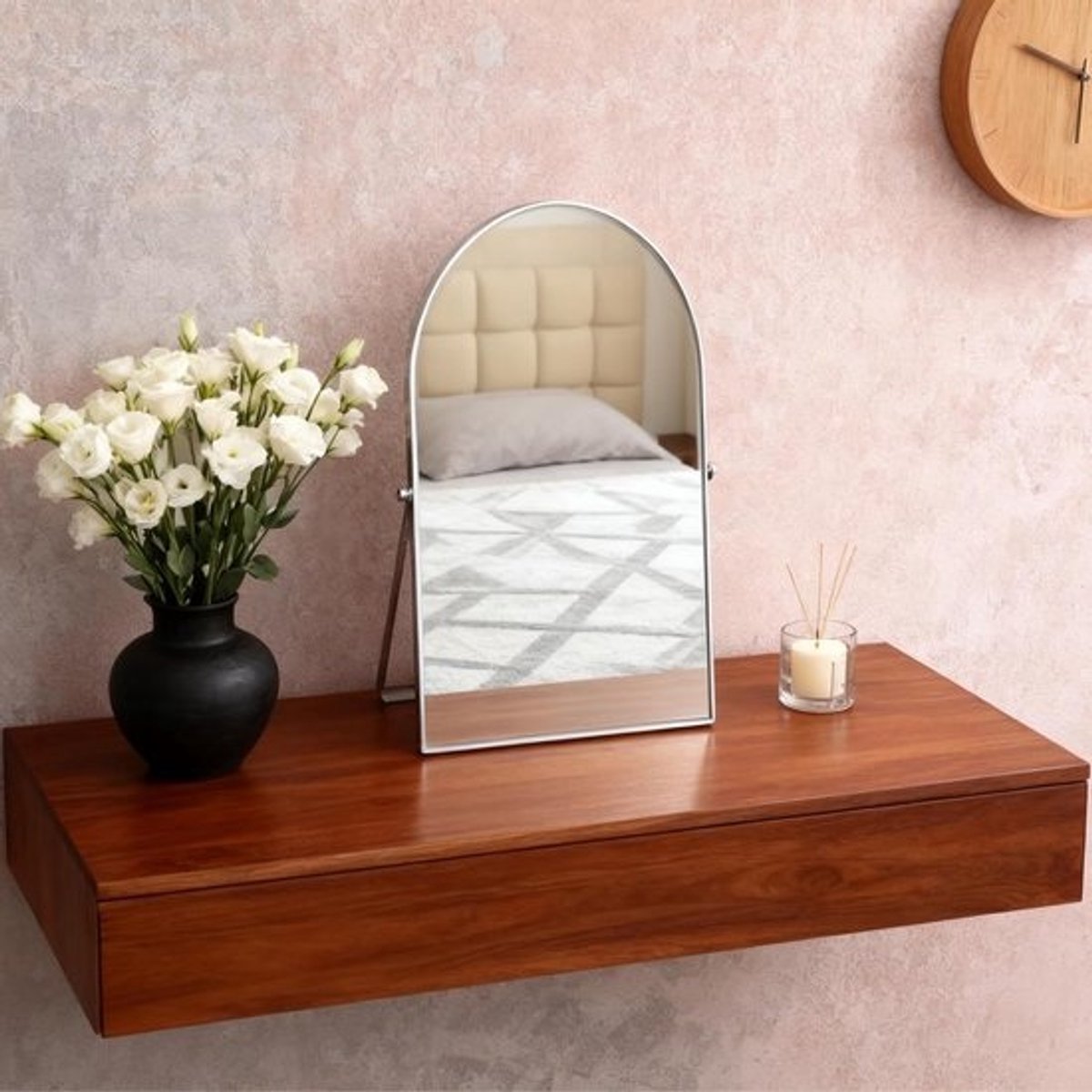 Verstelbare Staande Metalen Arch Make-up Spiegel voor Tafel en Kamerdecoratie
